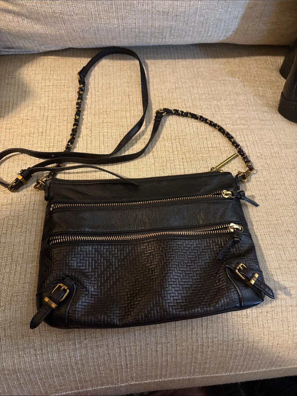 Black Woven Leather Crossbody Bag with Gold Accents